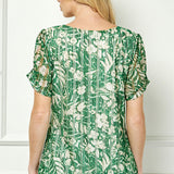 Ruched Sleeve Cutout Neck Bubble Blouse in Olive/Tan/Cream