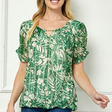 Ruched Sleeve Cutout Neck Bubble Blouse in Olive/Tan/Cream