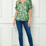 Ruched Sleeve Cutout Neck Bubble Blouse in Olive/Tan/Cream