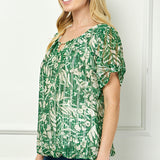 Ruched Sleeve Cutout Neck Bubble Blouse in Olive/Tan/Cream