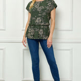 Boat Neck Peplum Blouse in Olive/Black/Tan