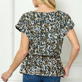 Short T-Sleeve Boat Neck Elastic Waist Lined Peplum Blouse in Tan/Black/Gray