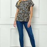 Short T-Sleeve Boat Neck Elastic Waist Lined Peplum Blouse in Tan/Black/Gray
