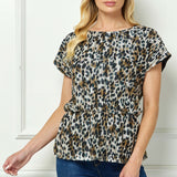 Short T-Sleeve Boat Neck Elastic Waist Lined Peplum Blouse in Tan/Black/Gray