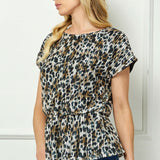 Short T-Sleeve Boat Neck Elastic Waist Lined Peplum Blouse in Tan/Black/Gray
