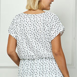 Short T-Sleeve Boat Neck Elastic Waist Lined Peplum Blouse In Ivory/Black - Plus