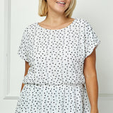 Short T-Sleeve Boat Neck Elastic Waist Lined Peplum Blouse In Ivory/Black - Plus
