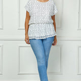 Short T-Sleeve Boat Neck Elastic Waist Lined Peplum Blouse In Ivory/Black - Plus