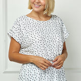 Short T-Sleeve Boat Neck Elastic Waist Lined Peplum Blouse In Ivory/Black - Plus