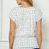 Short T-Sleeve Boat Neck Elastic Waist Lined Peplum Blouse In Ivory/Black