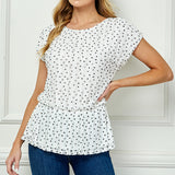 Short T-Sleeve Boat Neck Elastic Waist Lined Peplum Blouse In Ivory/Black