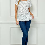 Short T-Sleeve Boat Neck Elastic Waist Lined Peplum Blouse In Ivory/Black
