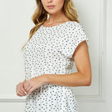 Short T-Sleeve Boat Neck Elastic Waist Lined Peplum Blouse In Ivory/Black