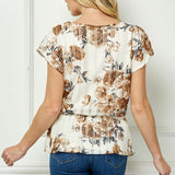 Short T-Sleeve Boat Neck Elastic Waist Lined Peplum Blouse in Ivory/Brown/Gray