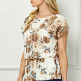 Short T-Sleeve Boat Neck Elastic Waist Lined Peplum Blouse in Ivory/Brown/Gray