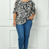 Ruffle Cold Shoulder Boat Neck Blouse in Cream/Black - Plus