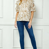Ruffle Cold Shoulder Scoop Neck Blouse - Beige