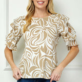 Ruffle Cold Shoulder Scoop Neck Blouse - Beige