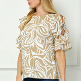 Ruffle Cold Shoulder Scoop Neck Blouse - Beige