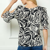 Ruffle Cold Shoulder Boat Neck Blouse in Cream/Black