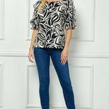 Ruffle Cold Shoulder Boat Neck Blouse in Cream/Black