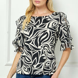 Ruffle Cold Shoulder Boat Neck Blouse in Cream/Black