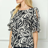 Ruffle Cold Shoulder Boat Neck Blouse in Cream/Black