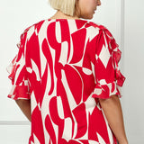 Ruffle Cold Shoulder Boat Neck Blouse in Red/Tan - Plus