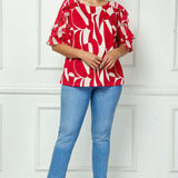 Ruffle Cold Shoulder Boat Neck Blouse in Red/Tan - Plus