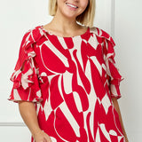 Ruffle Cold Shoulder Boat Neck Blouse in Red/Tan - Plus