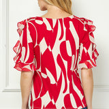 Ruffle Cold Shoulder Boat Neck Blouse in Red/Tan