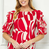 Ruffle Cold Shoulder Boat Neck Blouse in Red/Tan