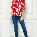 Ruffle Cold Shoulder Boat Neck Blouse in Red/Tan