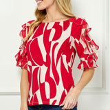 Ruffle Cold Shoulder Boat Neck Blouse in Red/Tan