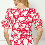 Ruffle Cold Shoulder Boat Neck Blouse in Cream/Red