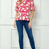 Ruffle Cold Shoulder Boat Neck Blouse in Cream/Red