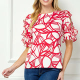 Ruffle Cold Shoulder Boat Neck Blouse in Cream/Red