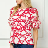 Ruffle Cold Shoulder Boat Neck Blouse in Cream/Red