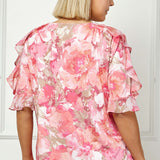 Ruffle Cold Shoulder Scoop Neck Blouse - Plus - Pink