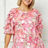 Ruffle Cold Shoulder Scoop Neck Blouse - Plus - Pink