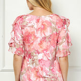 Ruffle Cold Shoulder Scoop Neck Blouse - Pink