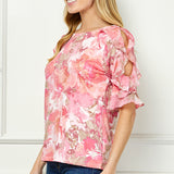 Ruffle Cold Shoulder Scoop Neck Blouse - Pink