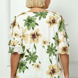 Ruffle Cold Shoulder Boat Neck Blouse in Cream/Green/Brown - Plus