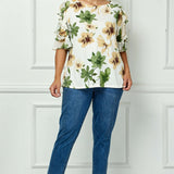 Ruffle Cold Shoulder Boat Neck Blouse in Cream/Green/Brown - Plus