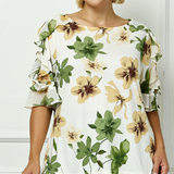 Ruffle Cold Shoulder Boat Neck Blouse in Cream/Green/Brown - Plus