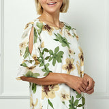 Ruffle Cold Shoulder Boat Neck Blouse in Cream/Green/Brown - Plus