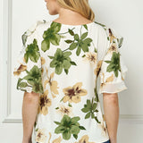 Ruffle Cold Shoulder Boat Neck Blouse in Cream/Green/Brown