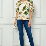 Ruffle Cold Shoulder Boat Neck Blouse in Cream/Green/Brown