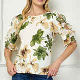 Ruffle Cold Shoulder Boat Neck Blouse in Cream/Green/Brown