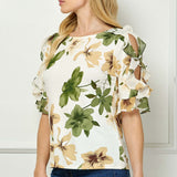 Ruffle Cold Shoulder Boat Neck Blouse in Cream/Green/Brown
